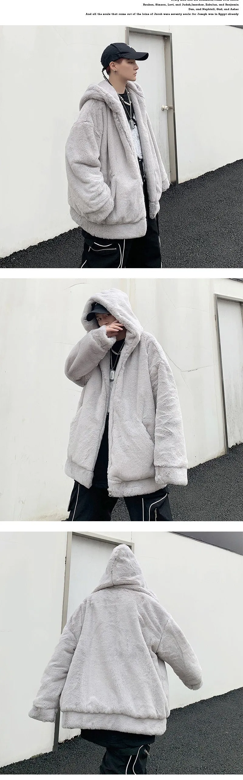 3 Solid Colors Loose Rabbit Hair Thickened Hooded Casual Men's Jacket