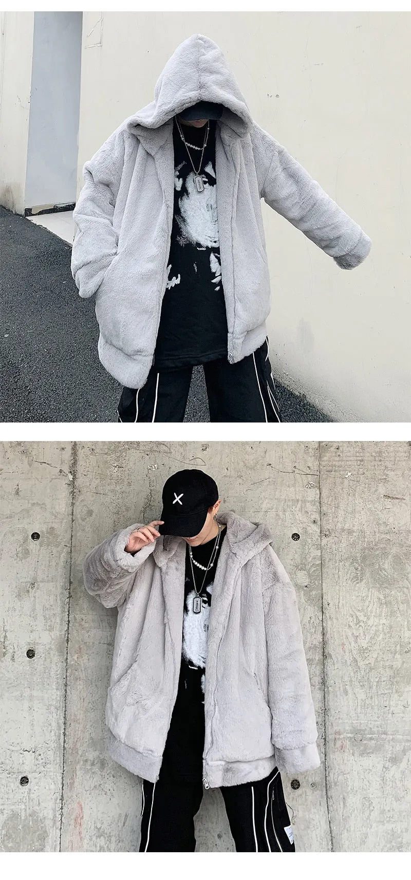 3 Solid Colors Loose Rabbit Hair Thickened Hooded Casual Men's Jacket