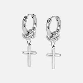 4 Hoops Carved Cross Earring - Stainless Steel