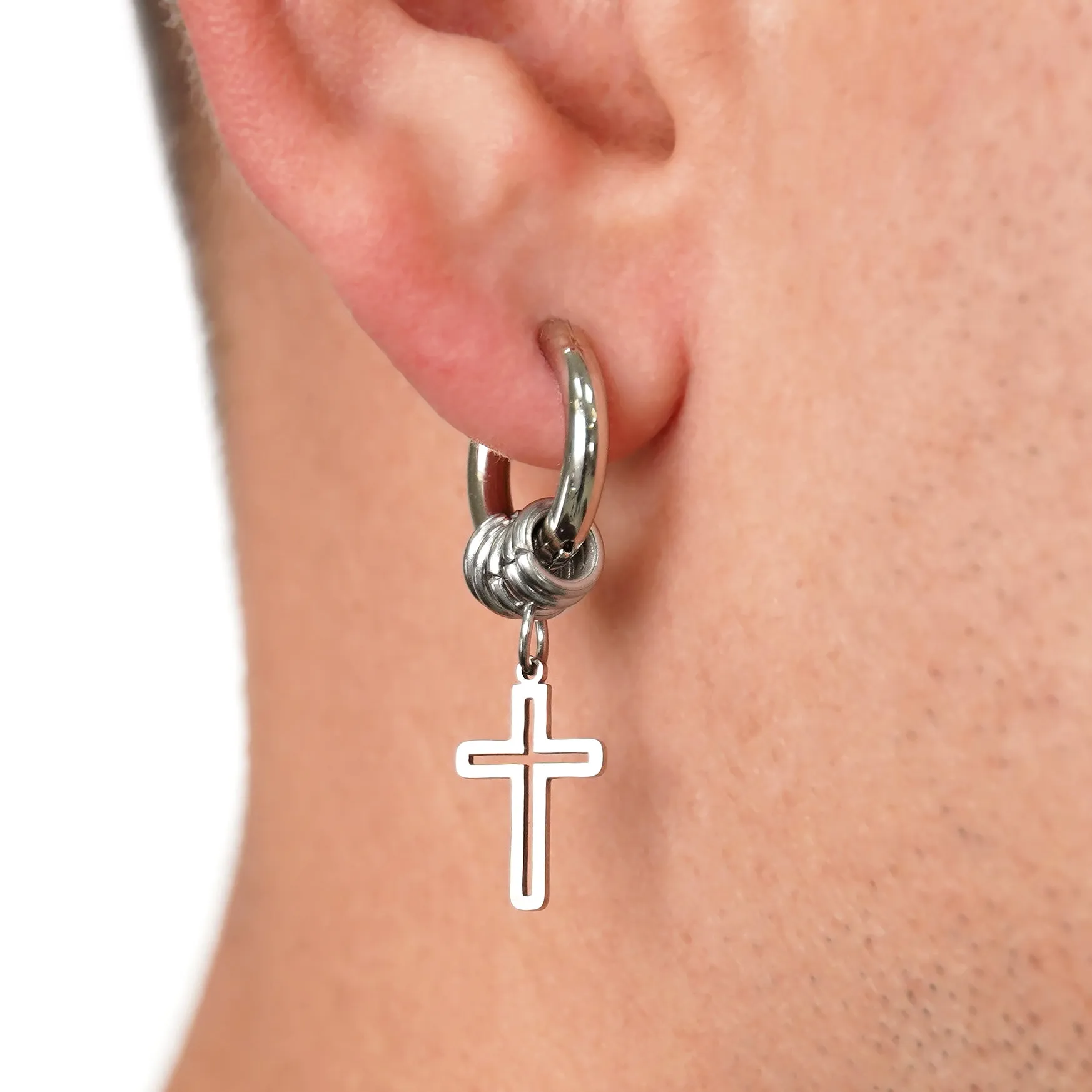 4 Hoops Carved Cross Earring - Stainless Steel