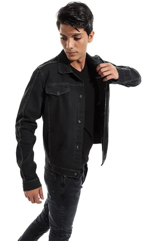 46817 Ripped Men Denim Casual Jacket - Black