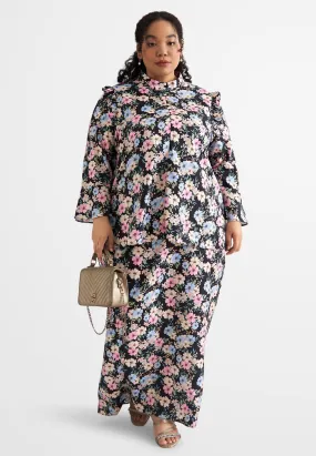 Anum High Collar Ruffles Floral Prints Kurung Set