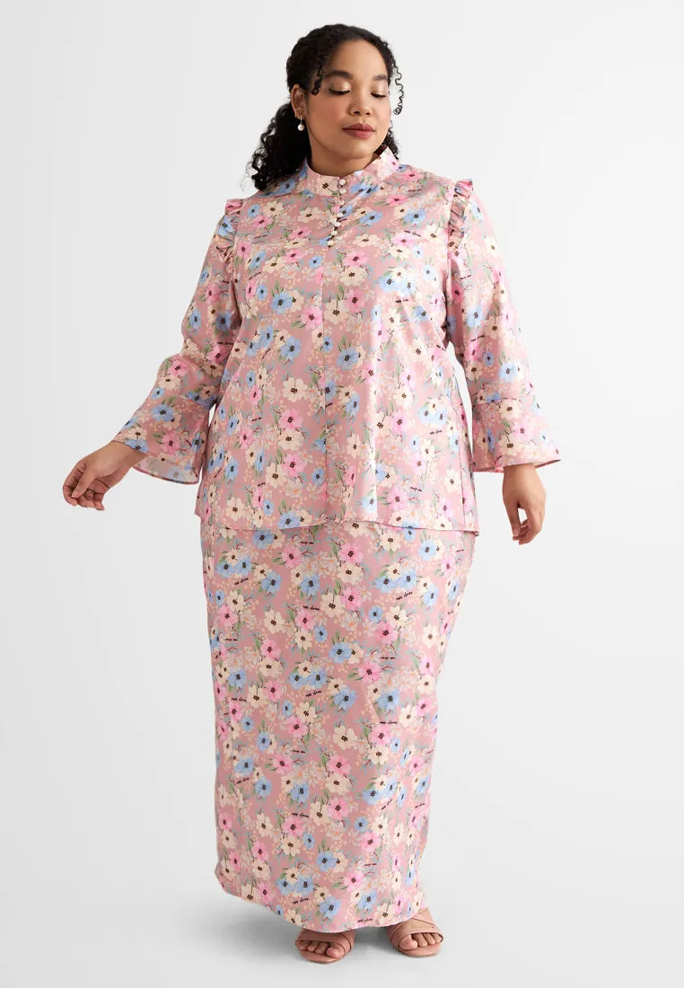 Anum High Collar Ruffles Floral Prints Kurung Set