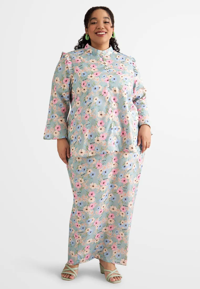 Anum High Collar Ruffles Floral Prints Kurung Set