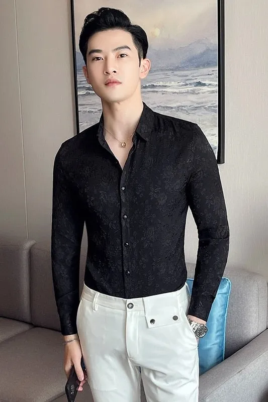 Autumn Winter Luxury Thick Warm Long Sleeve Floral Slim Casual Shirt for Men