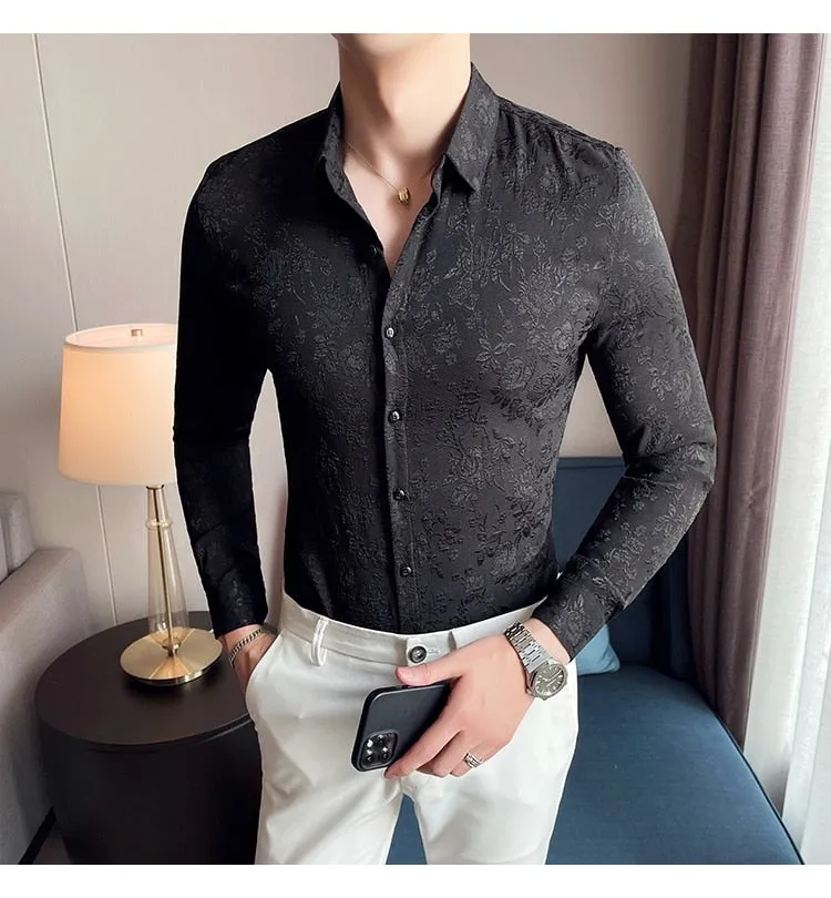 Autumn Winter Luxury Thick Warm Long Sleeve Floral Slim Casual Shirt for Men