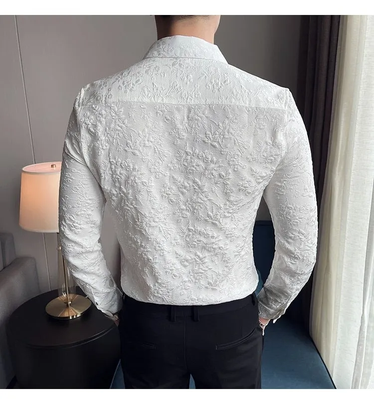 Autumn Winter Luxury Thick Warm Long Sleeve Floral Slim Casual Shirt for Men