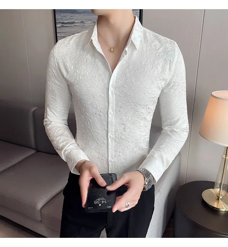 Autumn Winter Luxury Thick Warm Long Sleeve Floral Slim Casual Shirt for Men