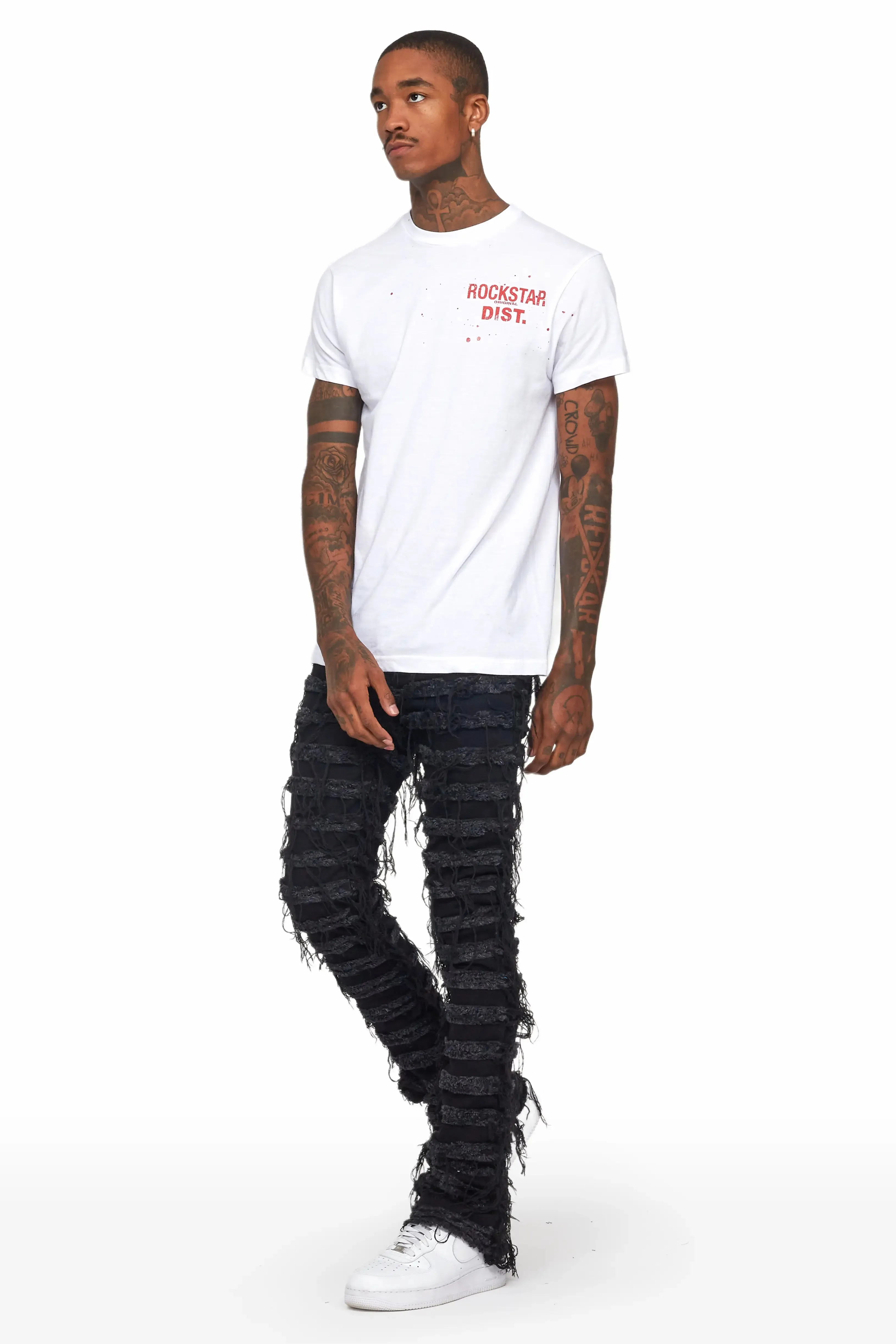 Ayan Black Distressed Stacked Flare Jeans