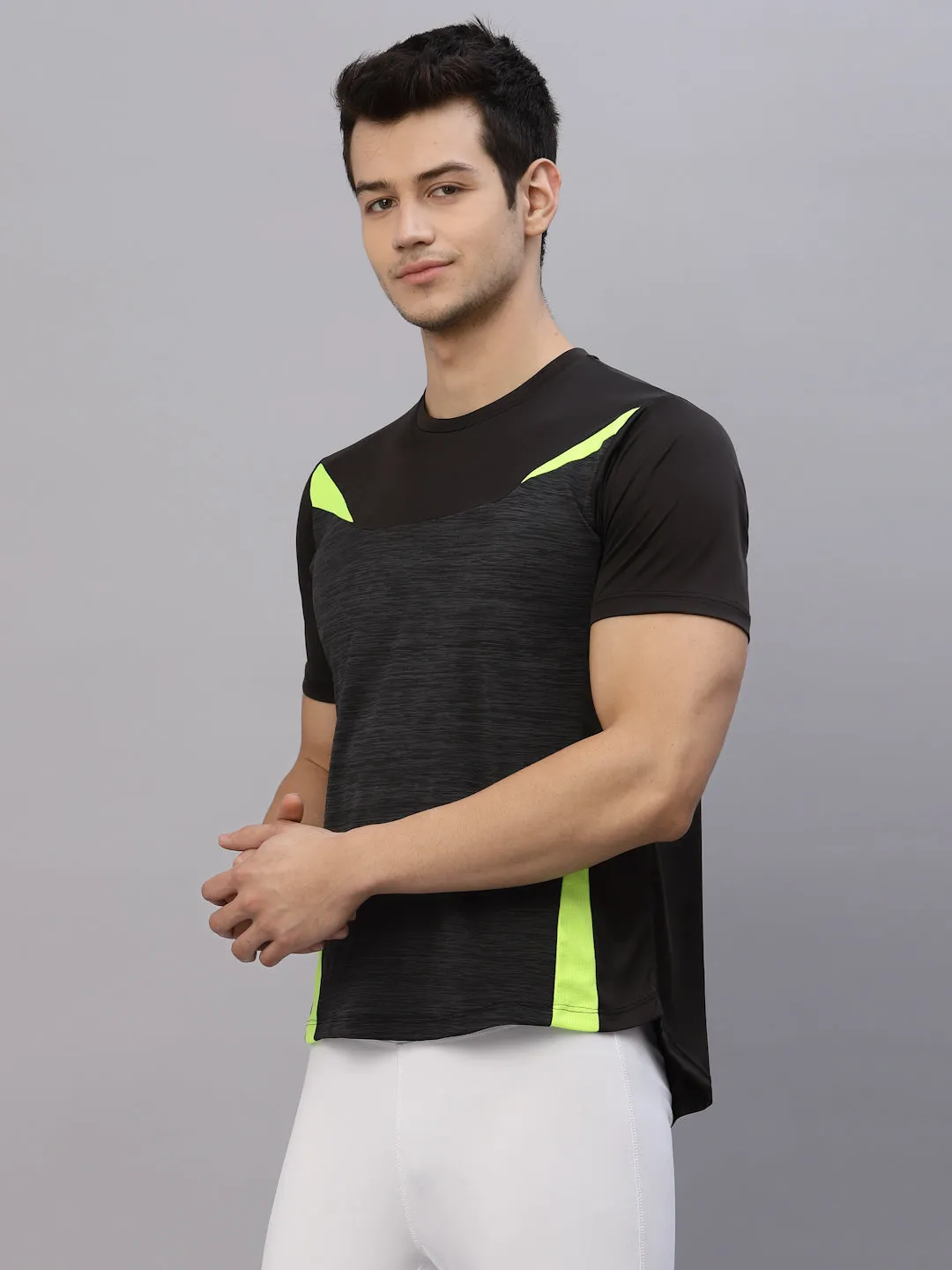 Black Charcoal Cut & Sew Round Neck Half Sleeve Activewear T-Shirt