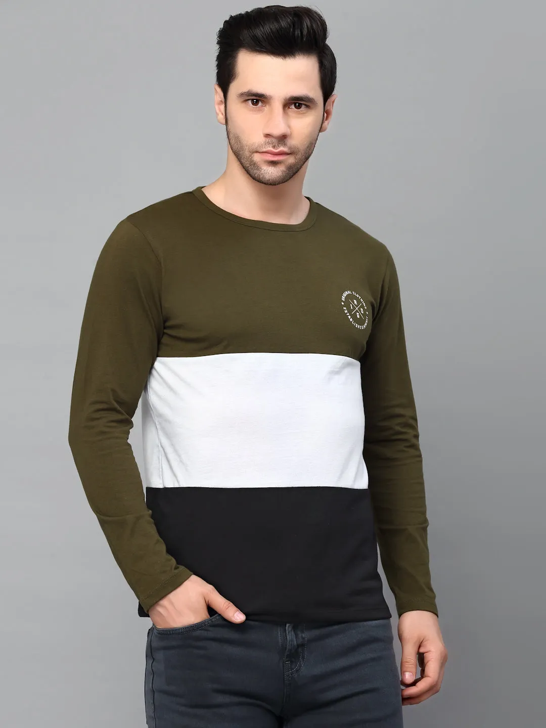 Black Color Block Round Neck  Full Sleeve T-Shirt