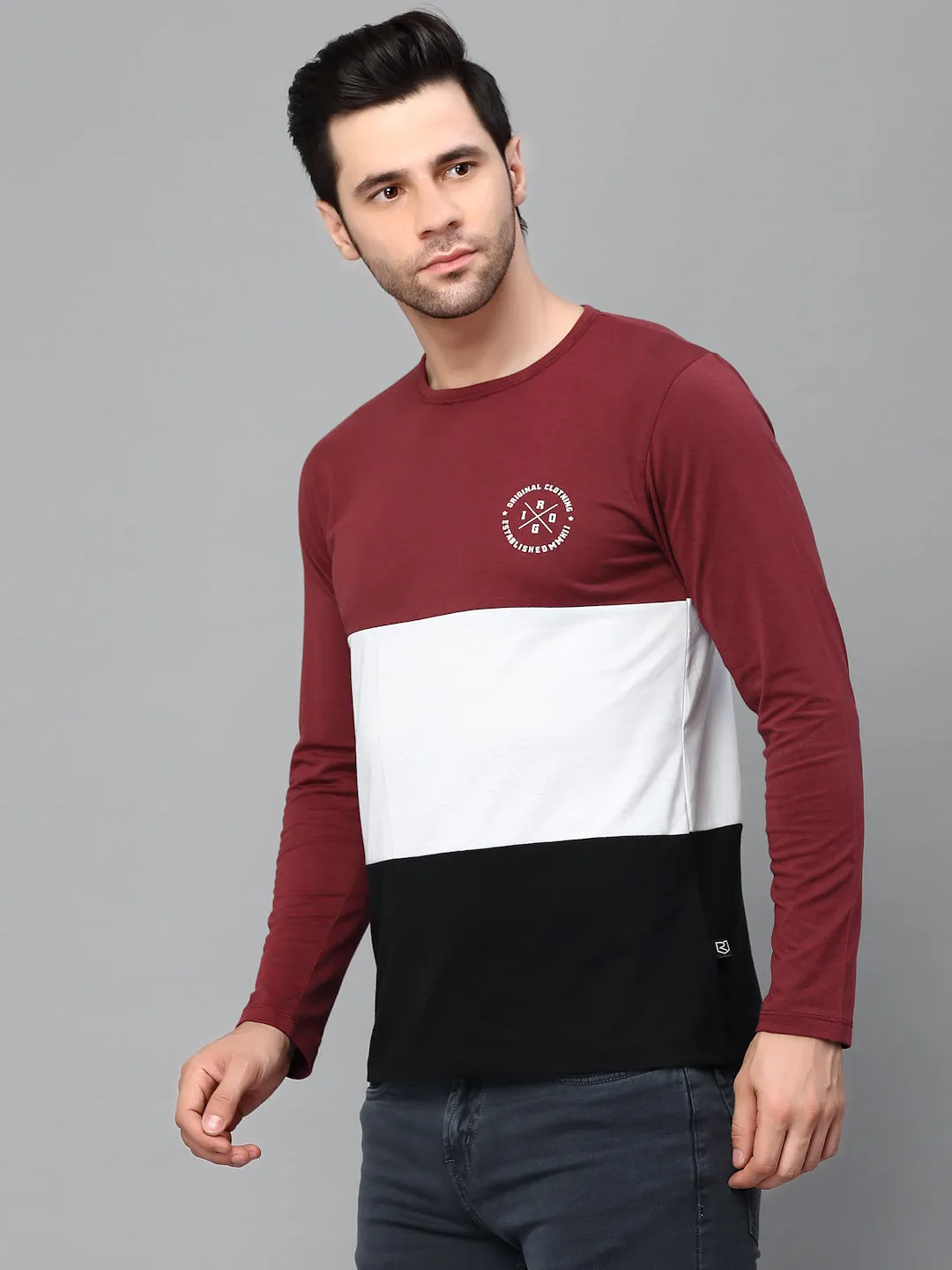 Black Color Block Round Neck  Full Sleeve T-Shirt