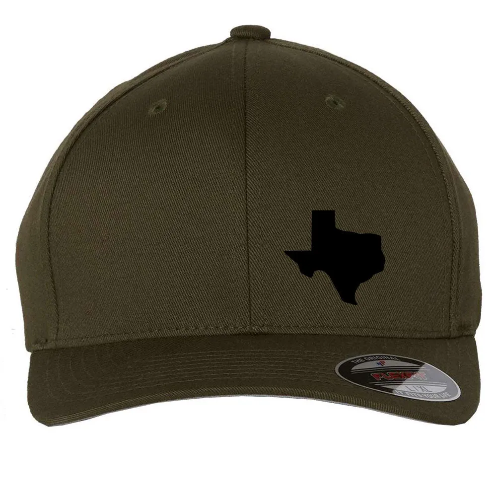 Black Texas Map Letter 6 Panel Mid Profile Flexfit Closed Back Twill Cap - From Small to 2XL Big Size