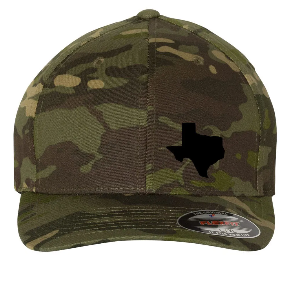 Black Texas Map Letter 6 Panel Mid Profile Flexfit Closed Back Twill Cap - From Small to 2XL Big Size