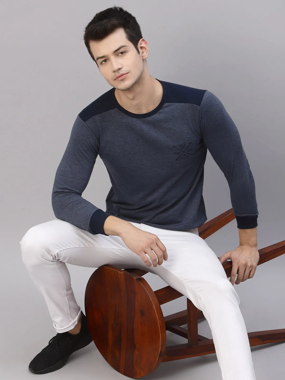 Blue Melange Round Neck Full Sleeve T-Shirt