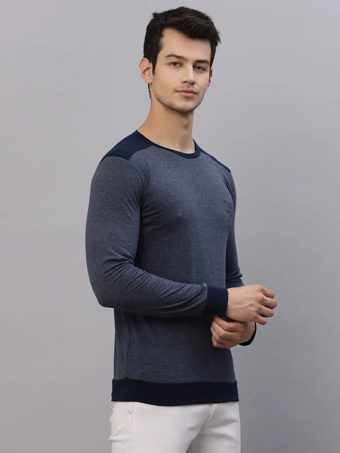 Blue Melange Round Neck Full Sleeve T-Shirt