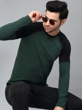 Bottle Green Round Neck  Raglan Full Sleeve  Printed T-Shirt