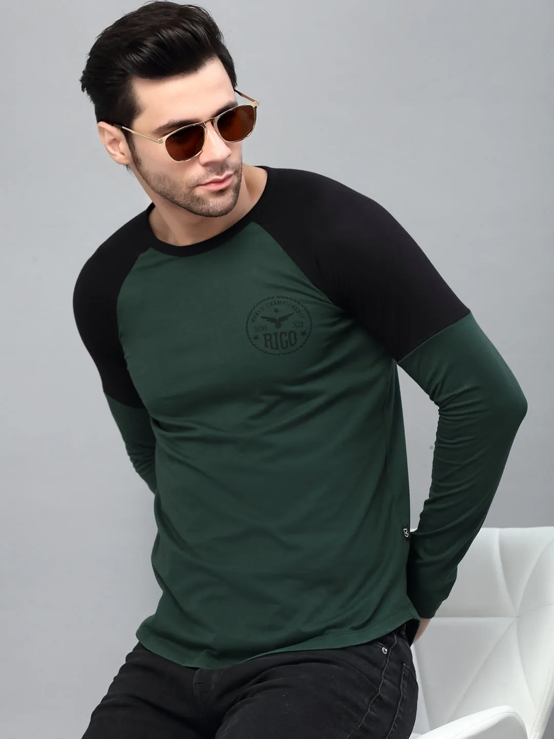 Bottle Green Round Neck  Raglan Full Sleeve  Printed T-Shirt