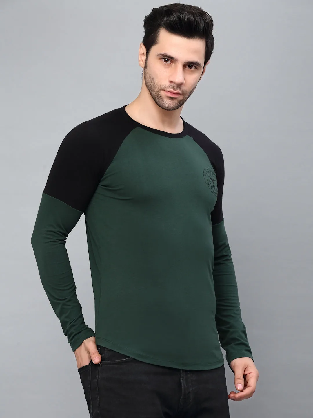 Bottle Green Round Neck  Raglan Full Sleeve  Printed T-Shirt