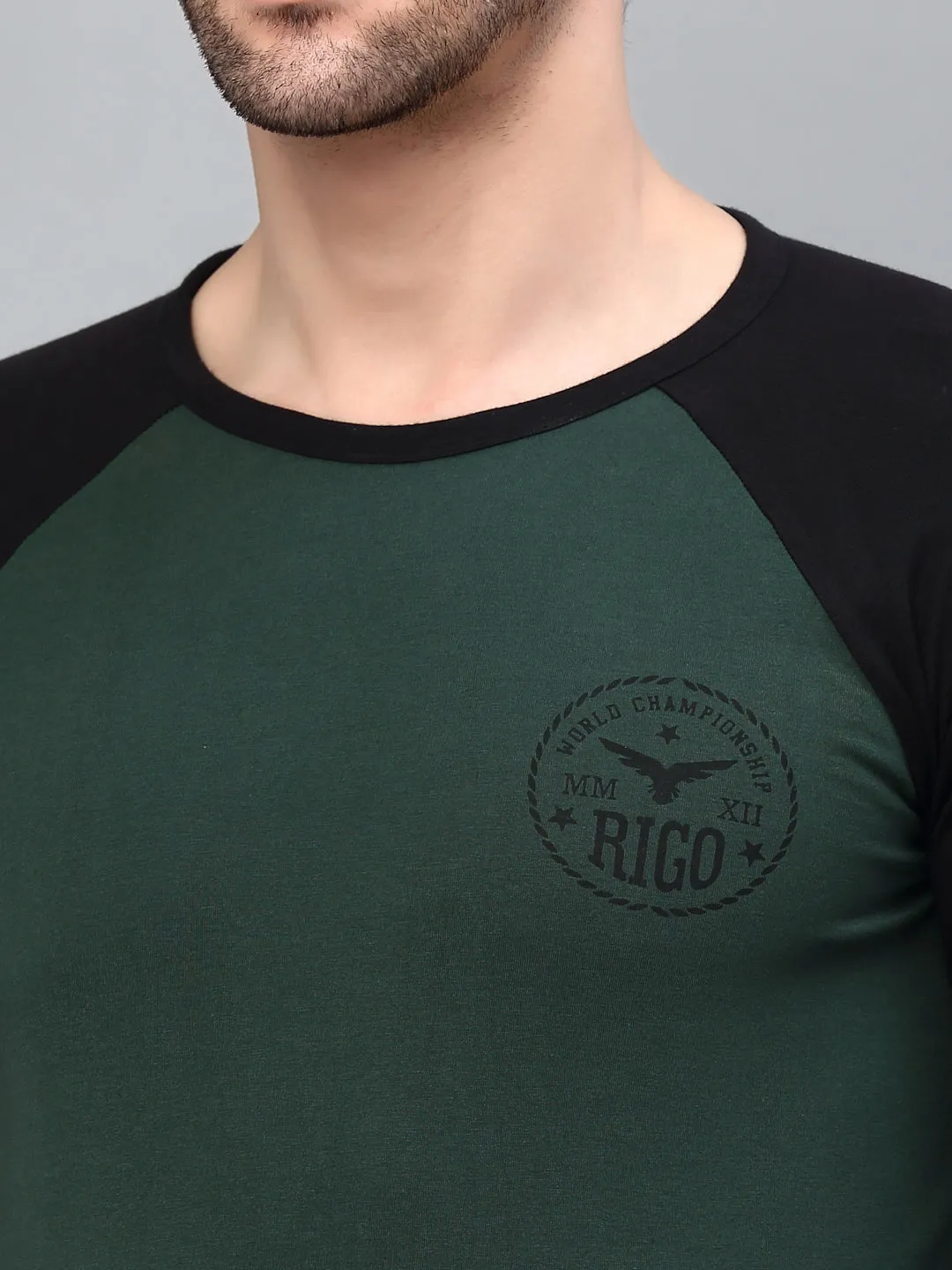 Bottle Green Round Neck  Raglan Full Sleeve  Printed T-Shirt