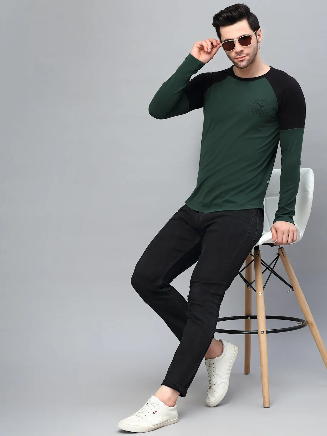 Bottle Green Round Neck  Raglan Full Sleeve  Printed T-Shirt