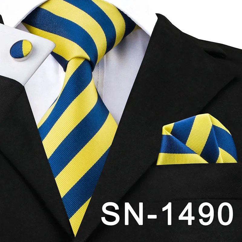 Classic Blue Black Striped Solid Neck Tie for Men Party Silk Tie Set