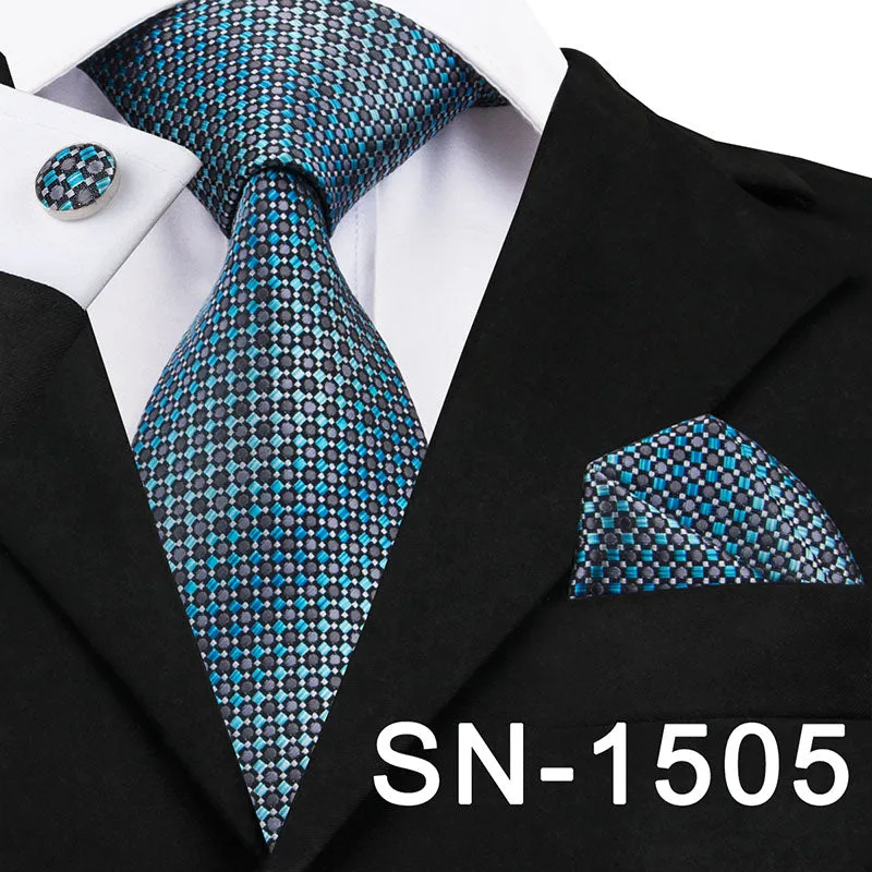 Classic Blue Black Striped Solid Neck Tie for Men Party Silk Tie Set