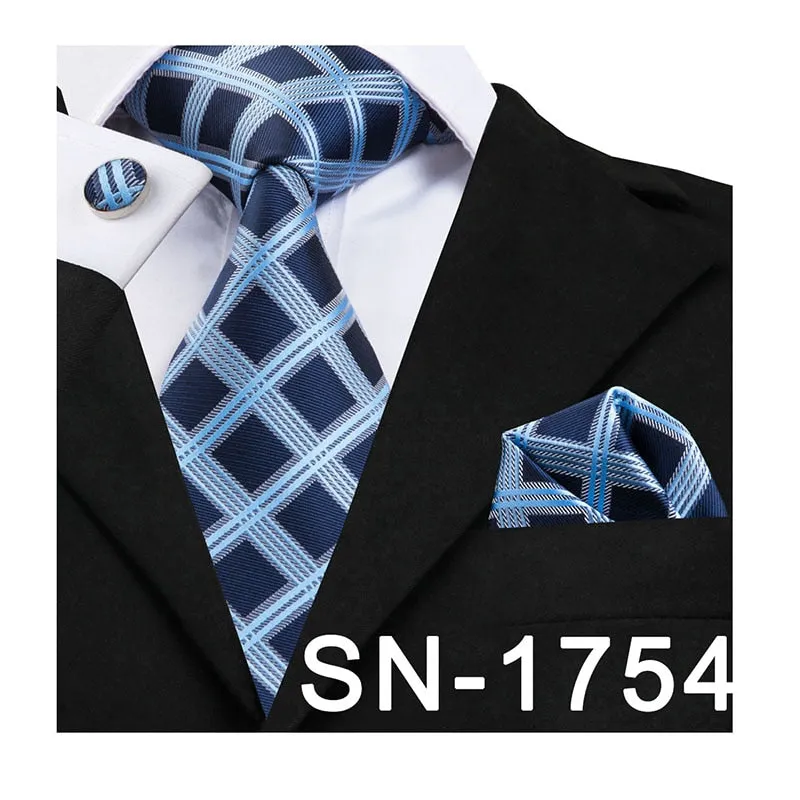 Classic Blue Black Striped Solid Neck Tie for Men Party Silk Tie Set