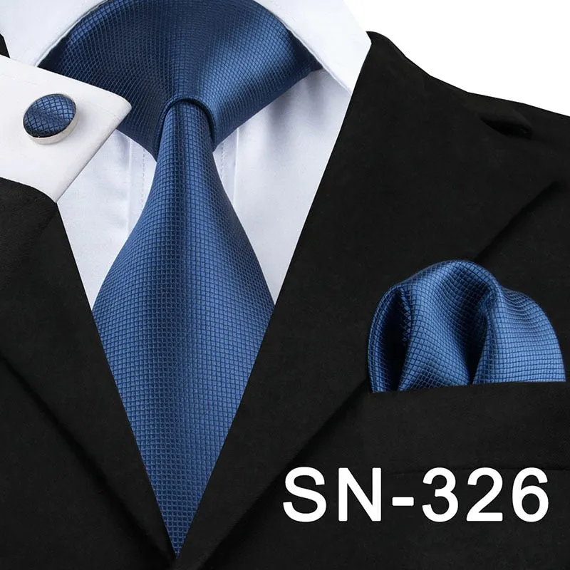 Classic Blue Black Striped Solid Neck Tie for Men Party Silk Tie Set