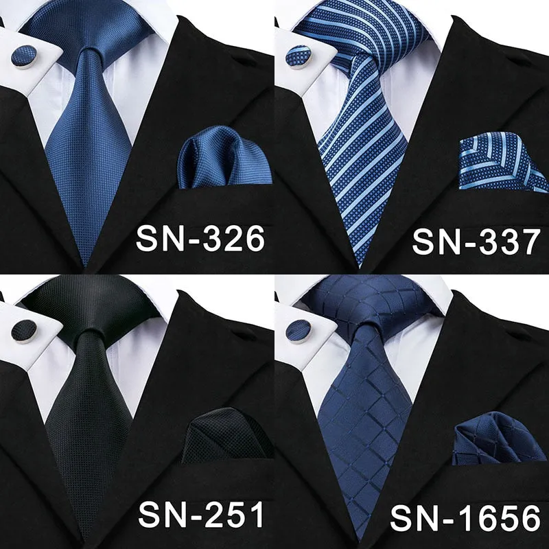 Classic Blue Black Striped Solid Neck Tie for Men Party Silk Tie Set