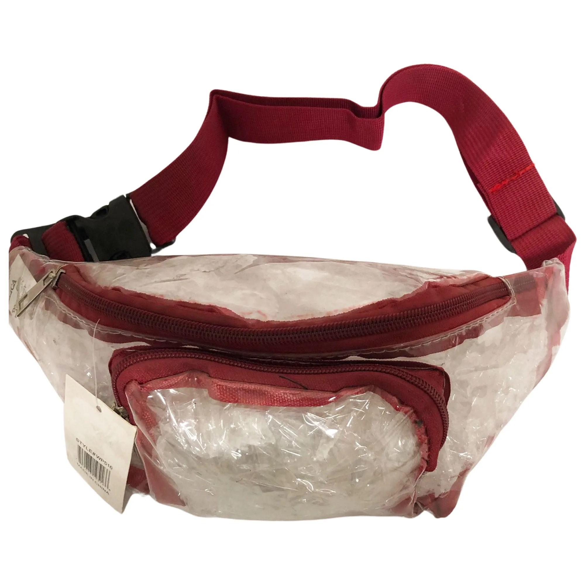 CLEARANCE CLEAR FANNY PACKS (CASE OF 24 - $2.50 / PIECE) - Adults Wholesale Clear Fanny Bags in Burgundy SKU: WP516-PVCBURG-24