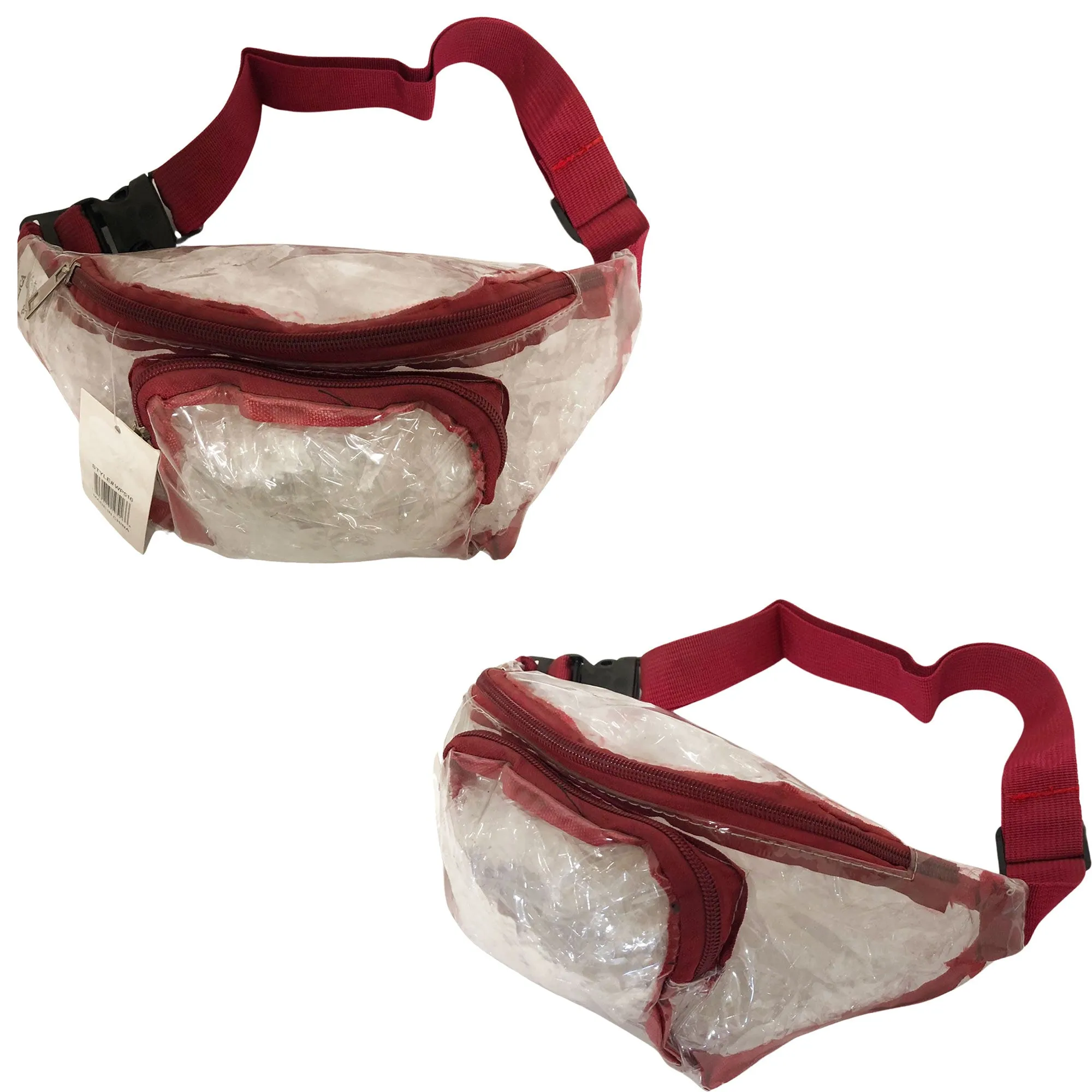 CLEARANCE CLEAR FANNY PACKS (CASE OF 24 - $2.50 / PIECE) - Adults Wholesale Clear Fanny Bags in Burgundy SKU: WP516-PVCBURG-24