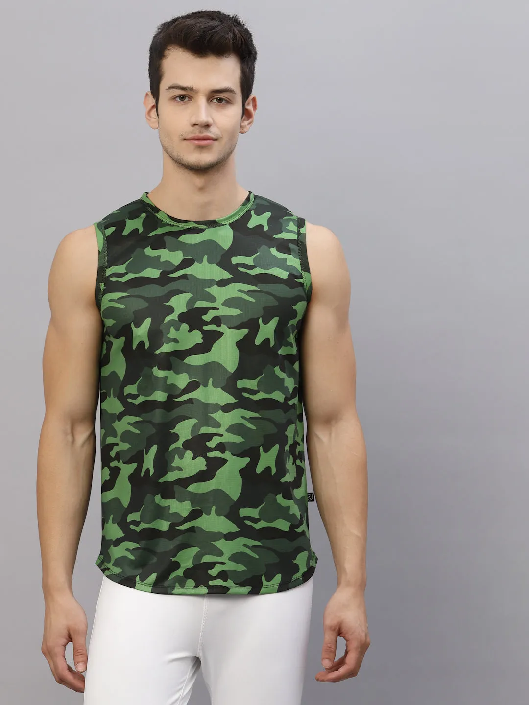 Green Camouflage Round Neck Sleeveless Activewear T-Shirt Vest