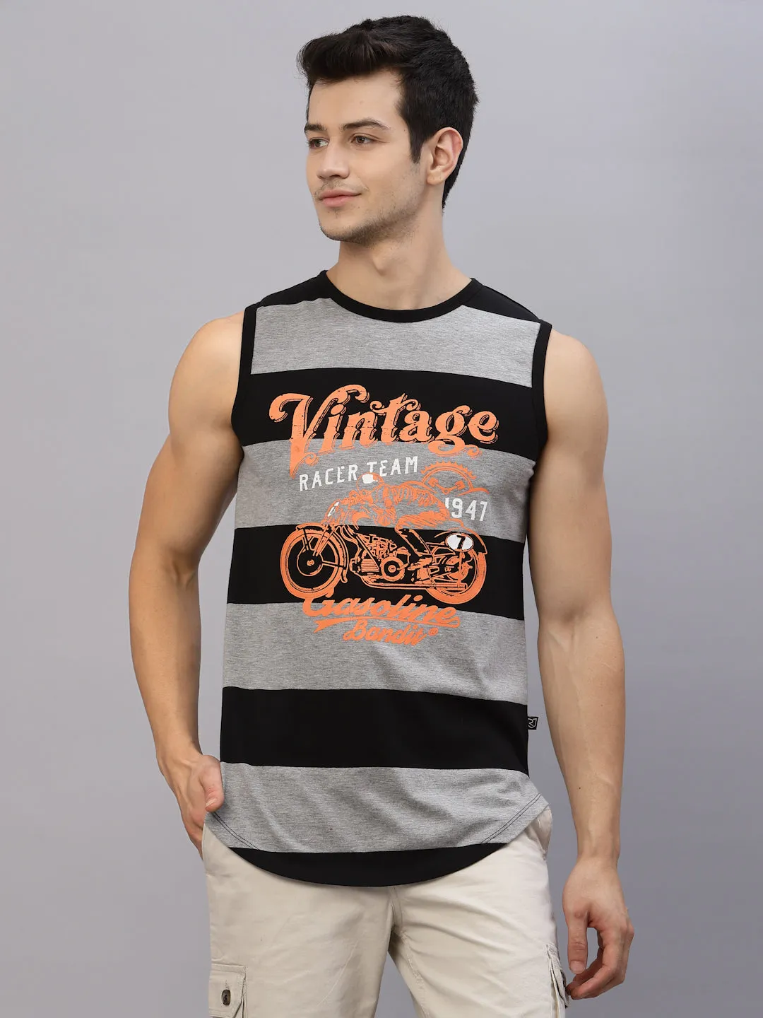 Grey Black Stripe Printed Round Neck Sleeveless T-Shirt Vest