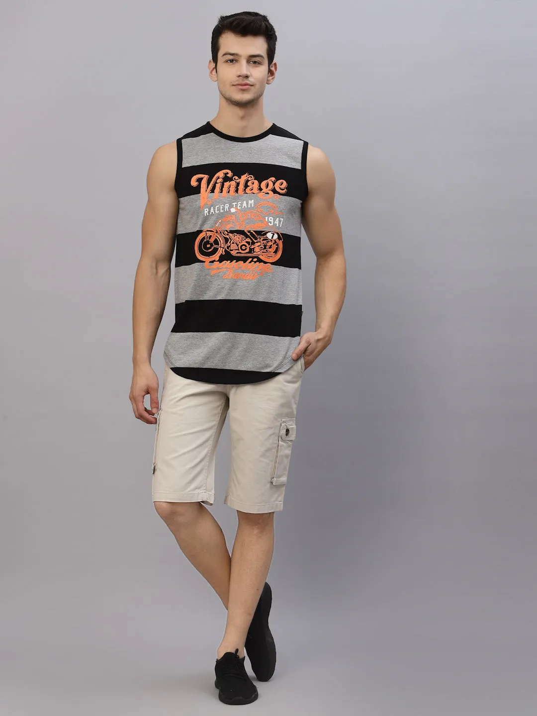 Grey Black Stripe Printed Round Neck Sleeveless T-Shirt Vest