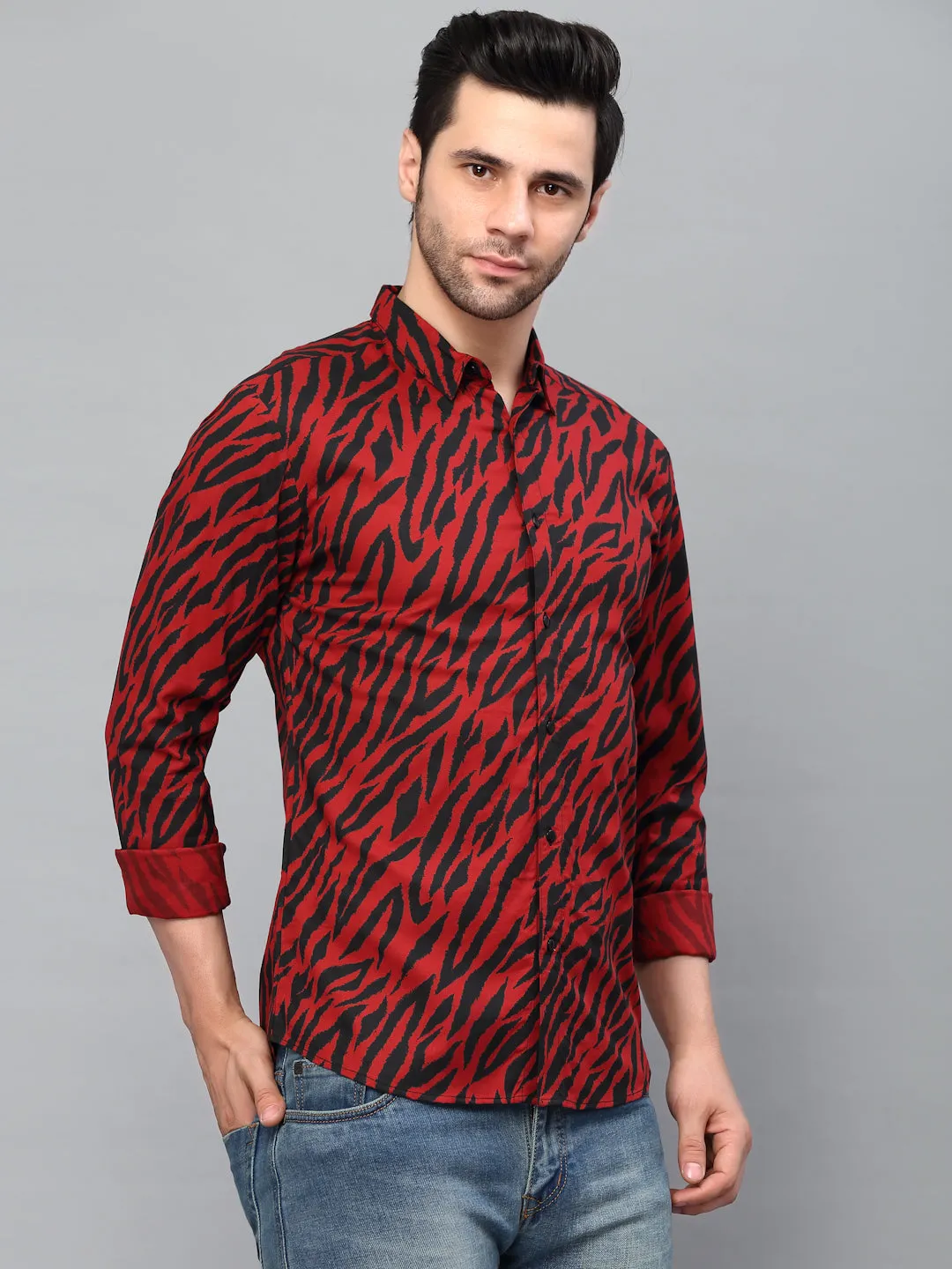 Maroon Zebra Printed Cut Away Collar Full Sleeve Shirt