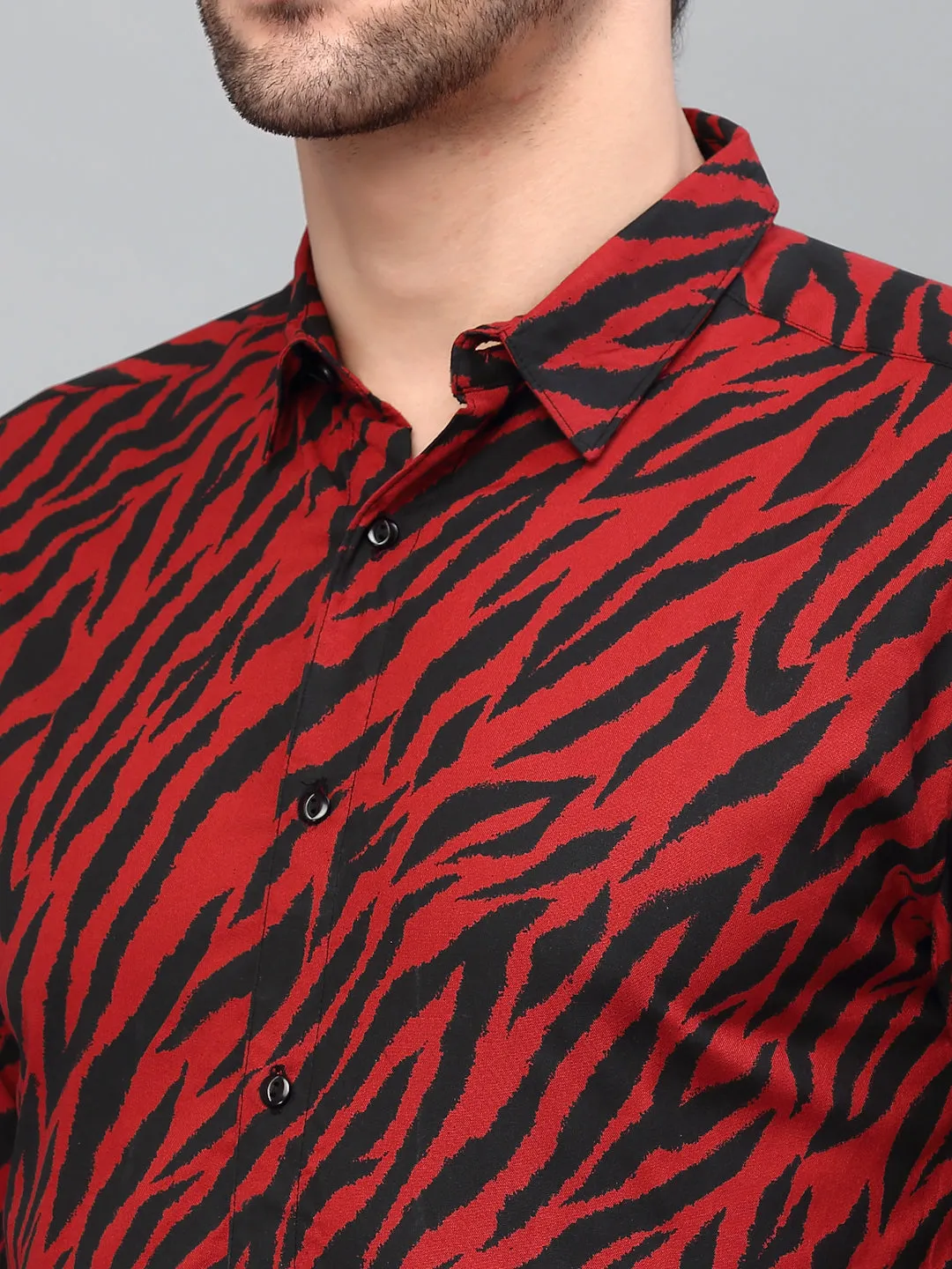 Maroon Zebra Printed Cut Away Collar Full Sleeve Shirt