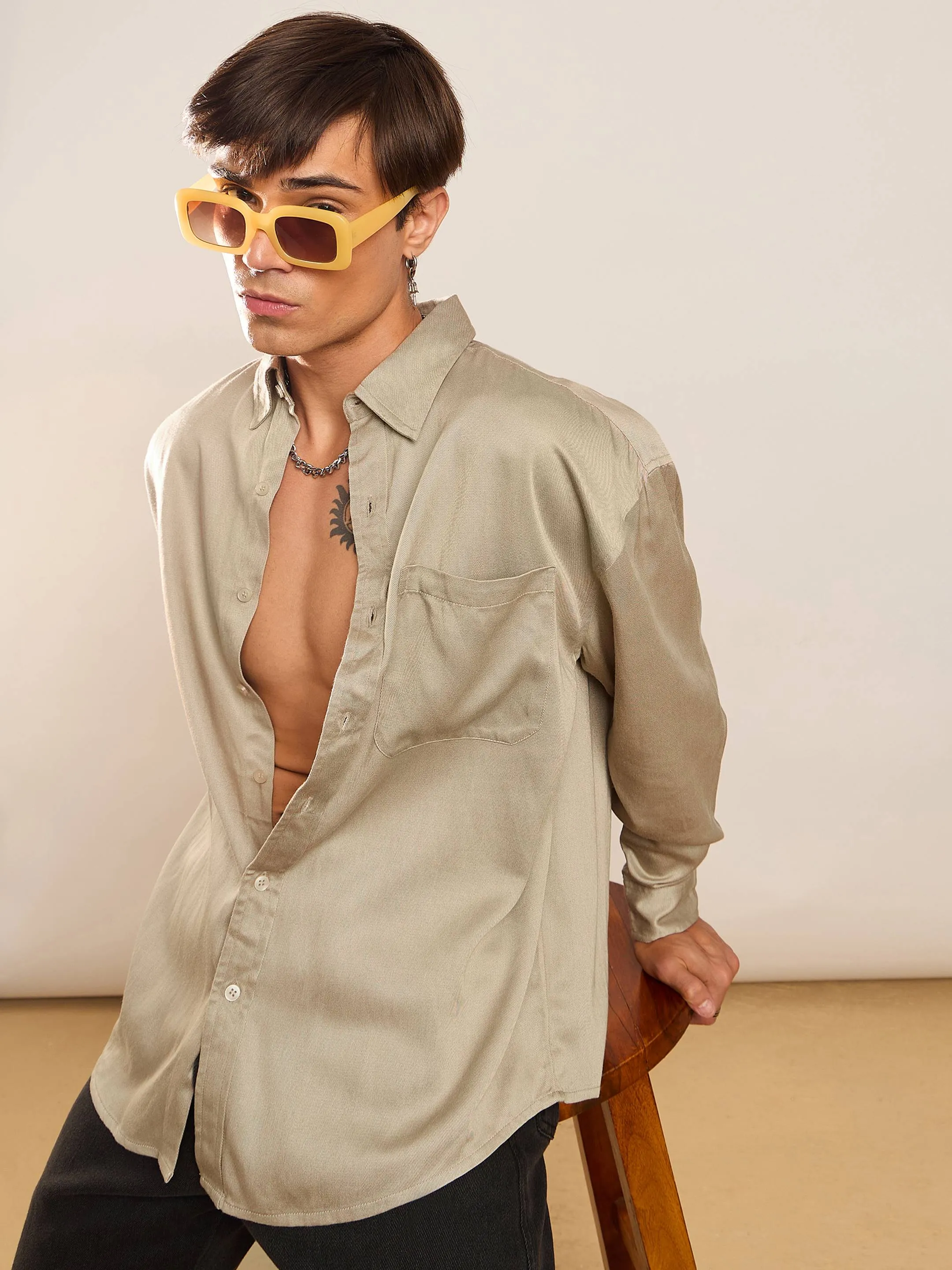 Men Beige Twill Oversize Shirt