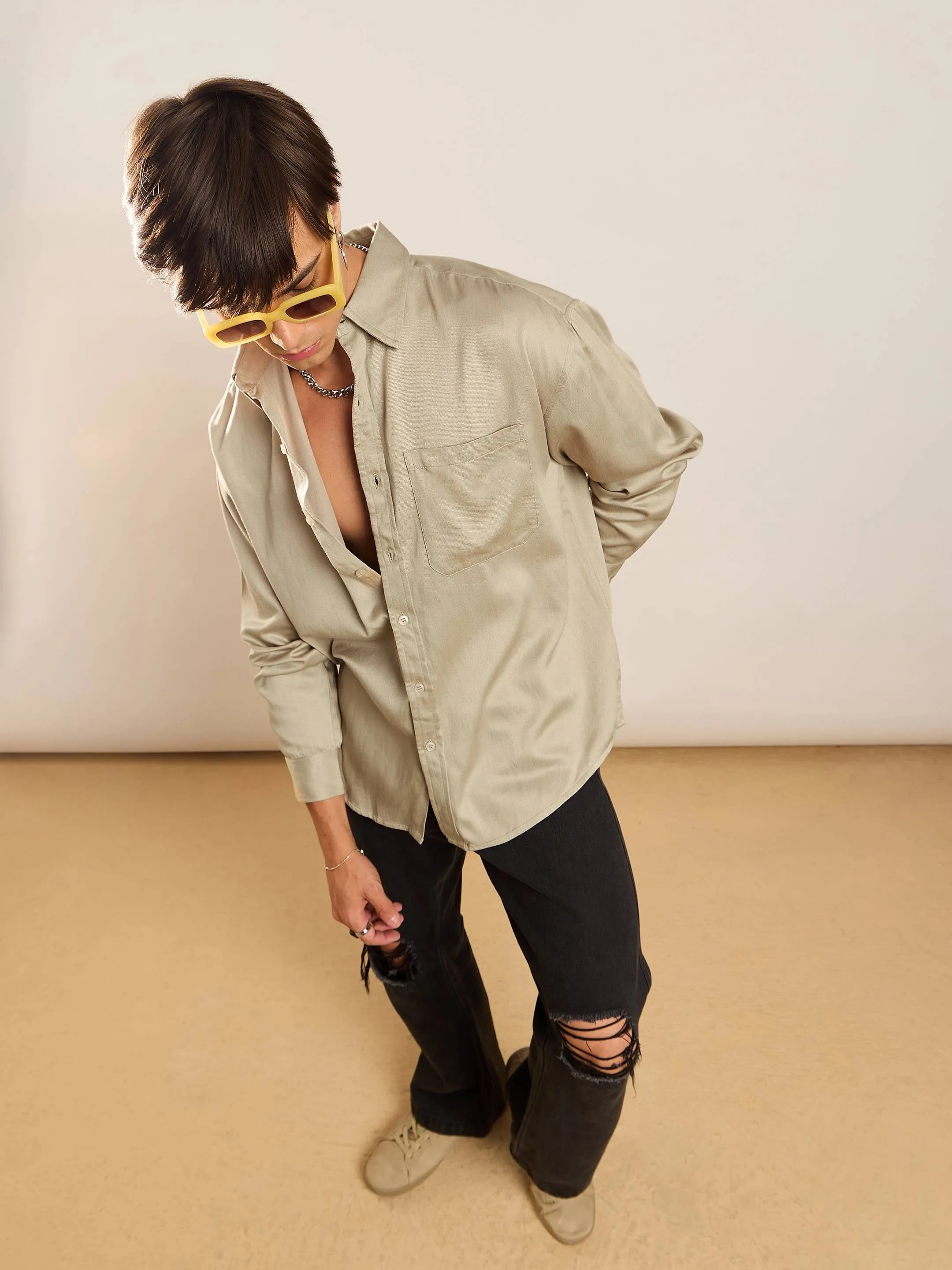 Men Beige Twill Oversize Shirt