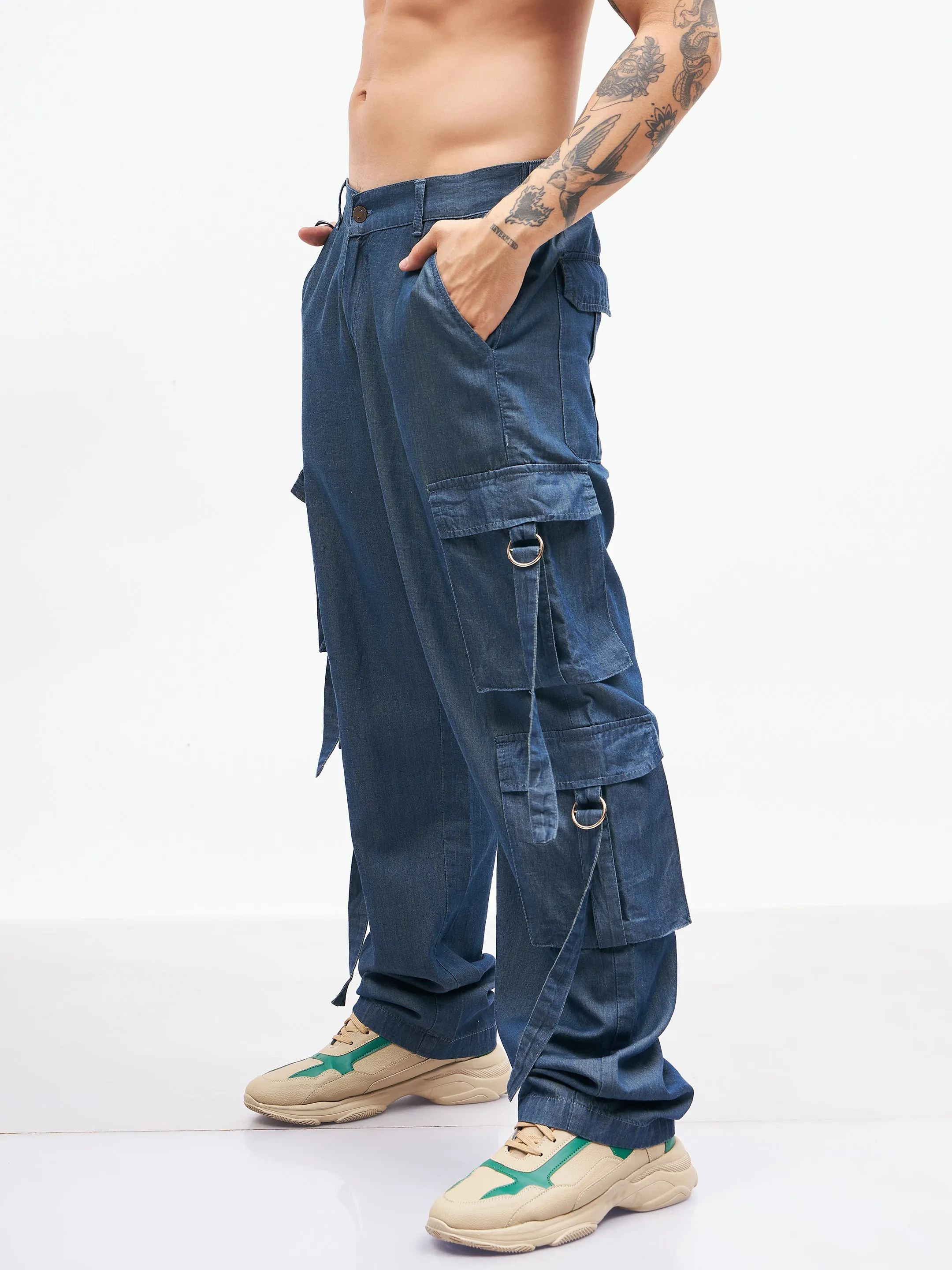 Men Blue Tencel Side Pocket Pants