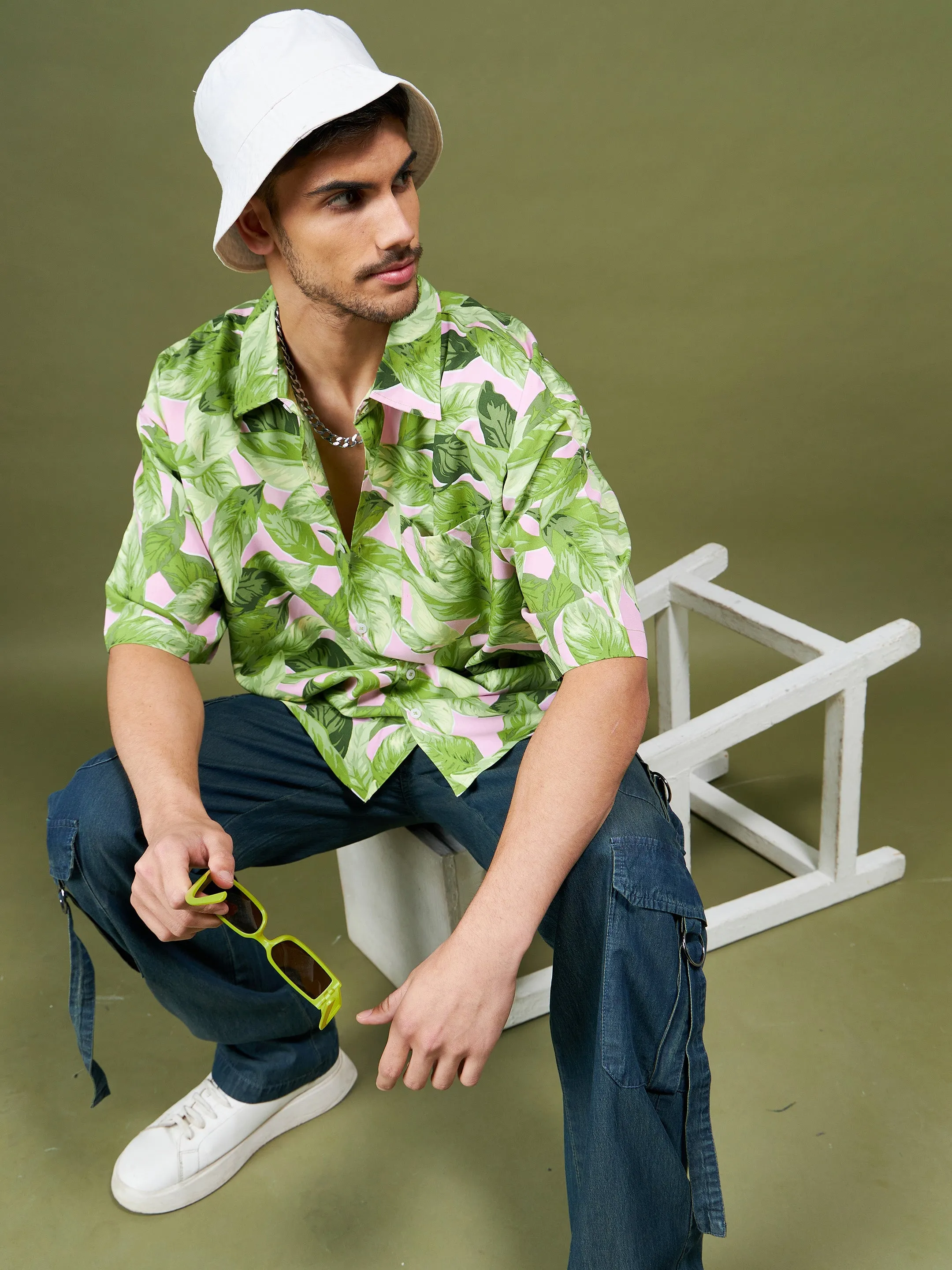 Men Green Tropical Oversized Shirt