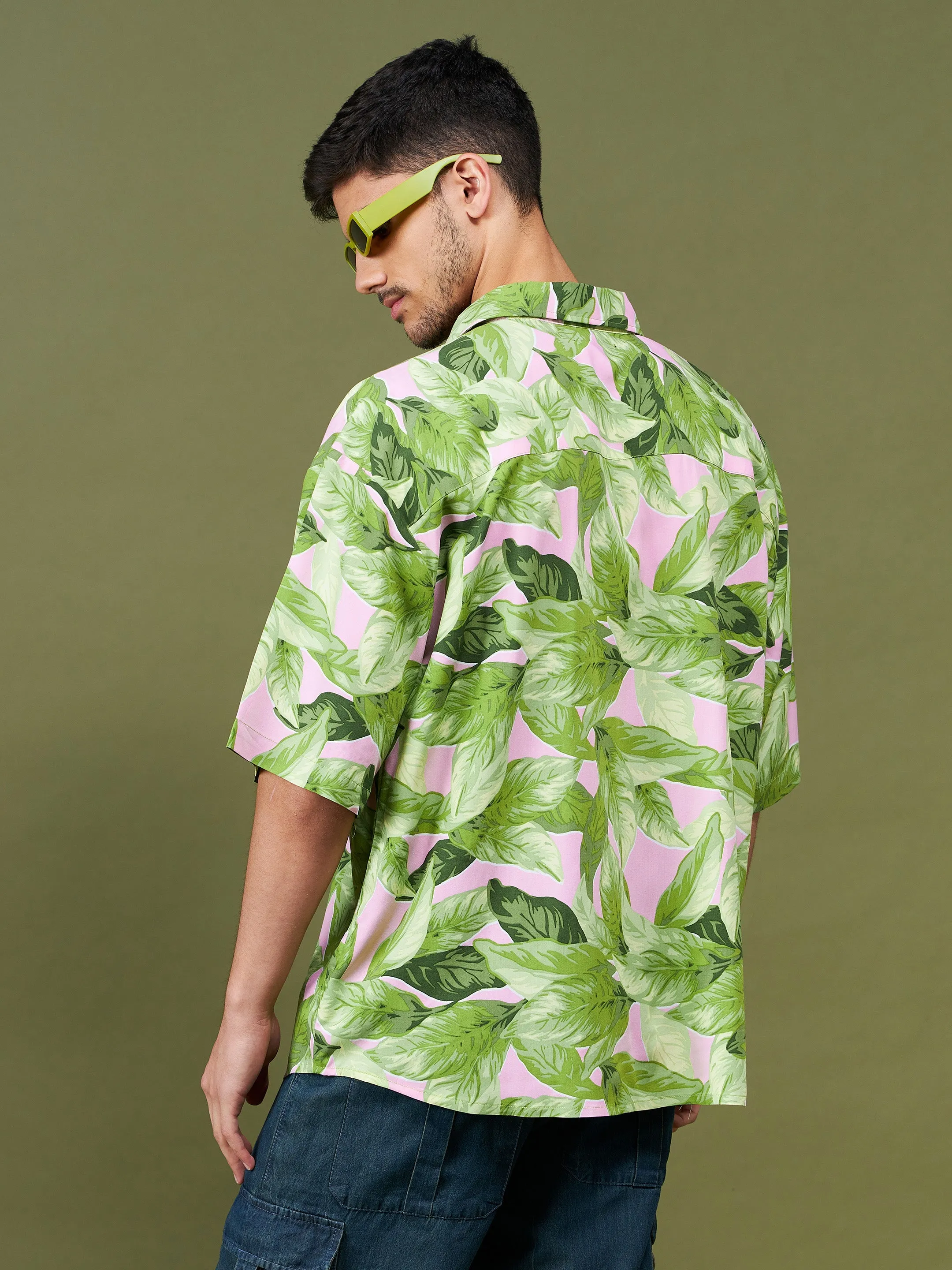 Men Green Tropical Oversized Shirt