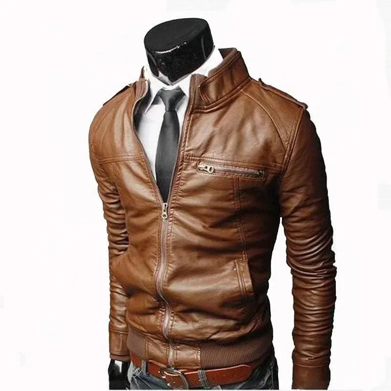 Men PU Leather Jacket Zippers 2024 Men's Stand