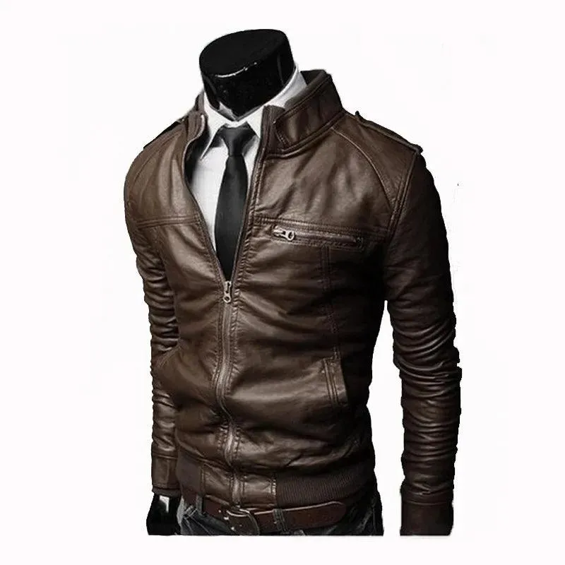 Men PU Leather Jacket Zippers 2024 Men's Stand