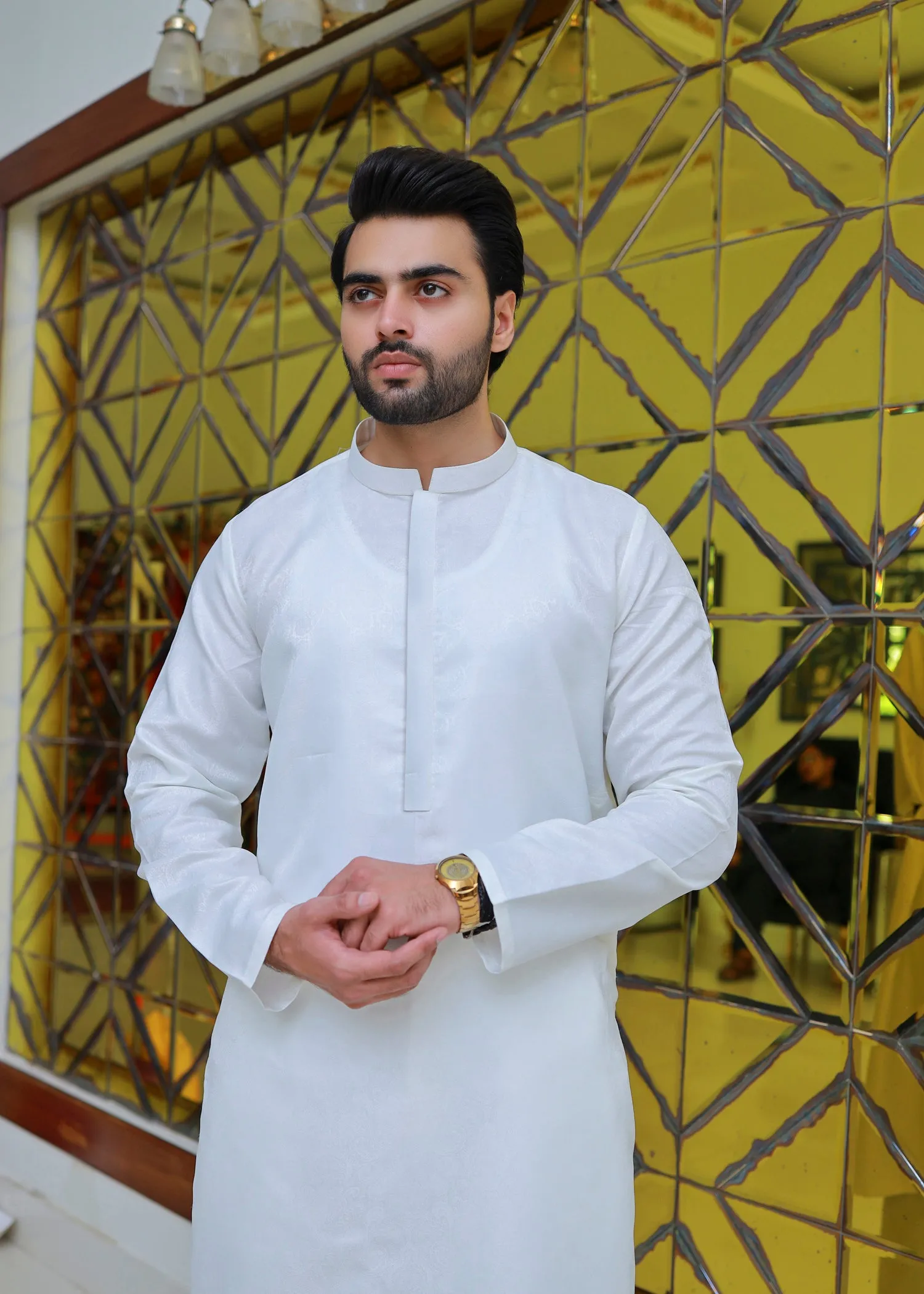 Men Self Design Kurta White