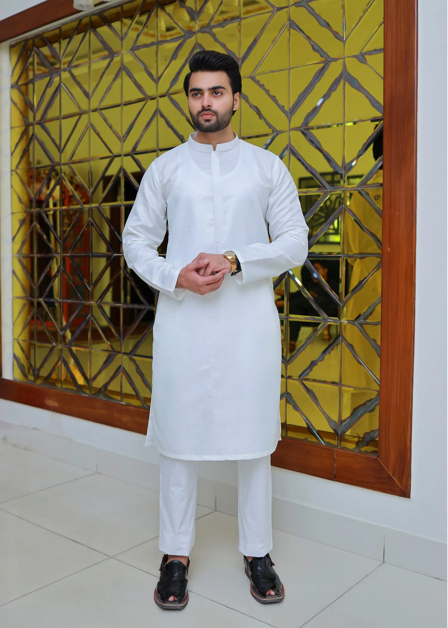 Men Self Design Kurta White