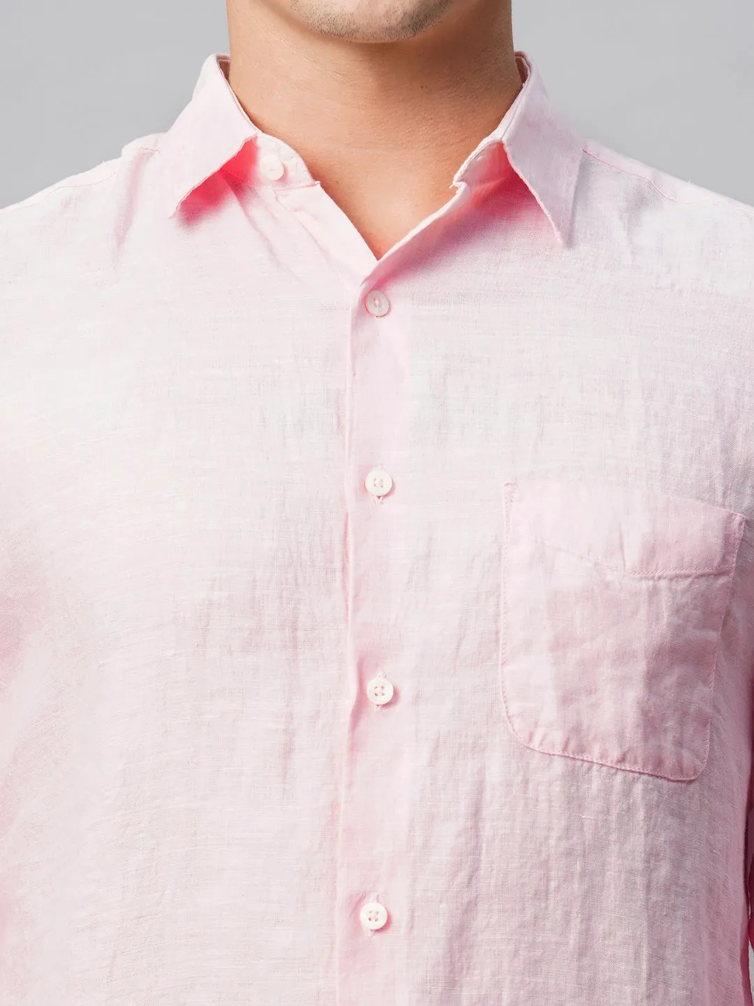 Men's 100% Linen Pink Regular Fit Long Sleeved Shirt