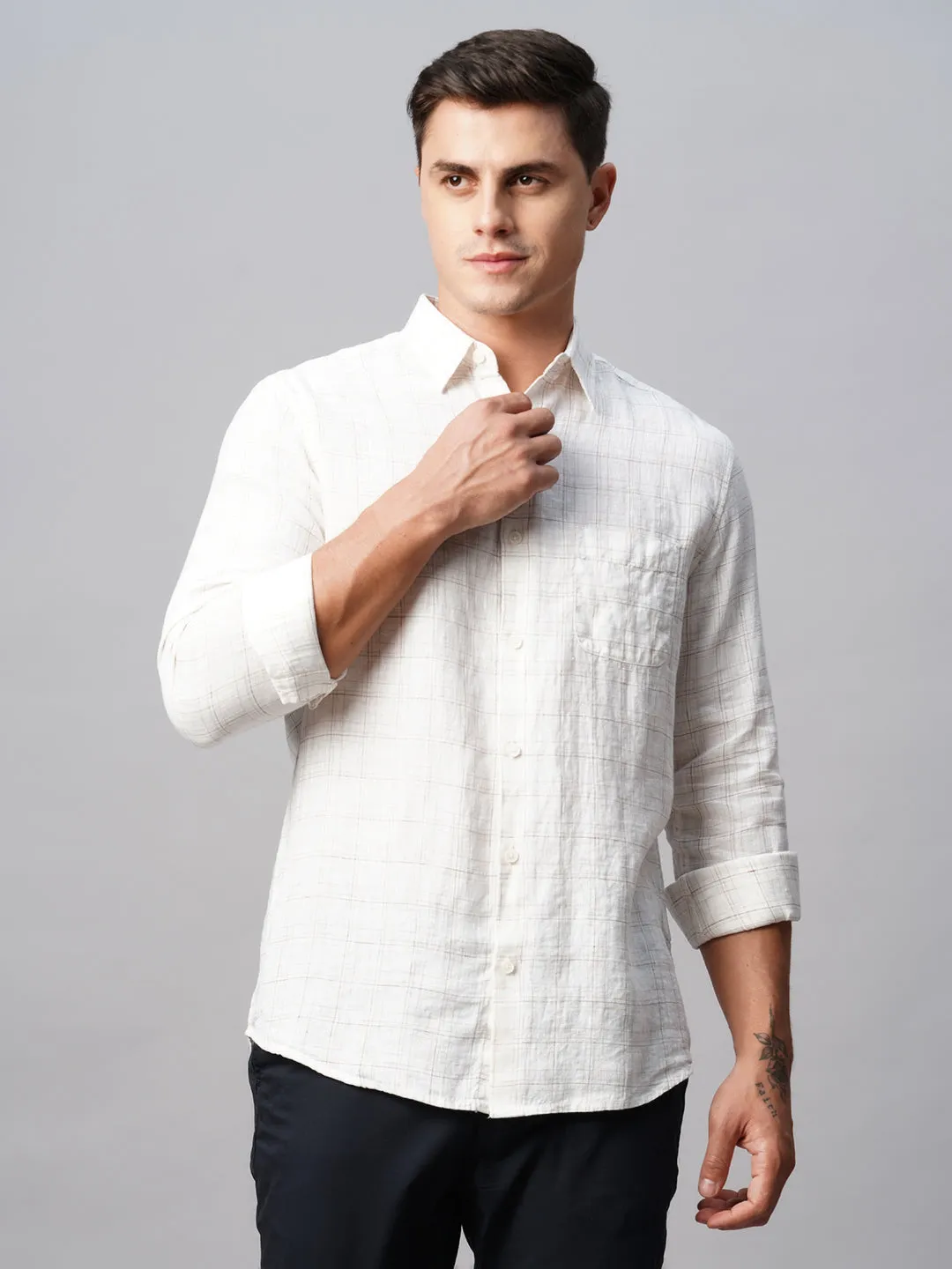 Men's 100% Linen White Regular Fit Long Sleeved Shirt