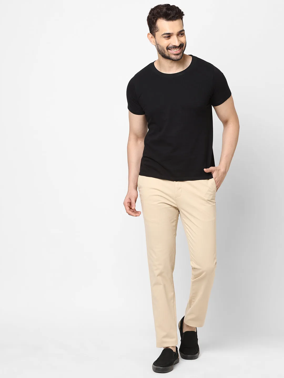 Men's Beige Cotton Lycra Slim Fit Pant