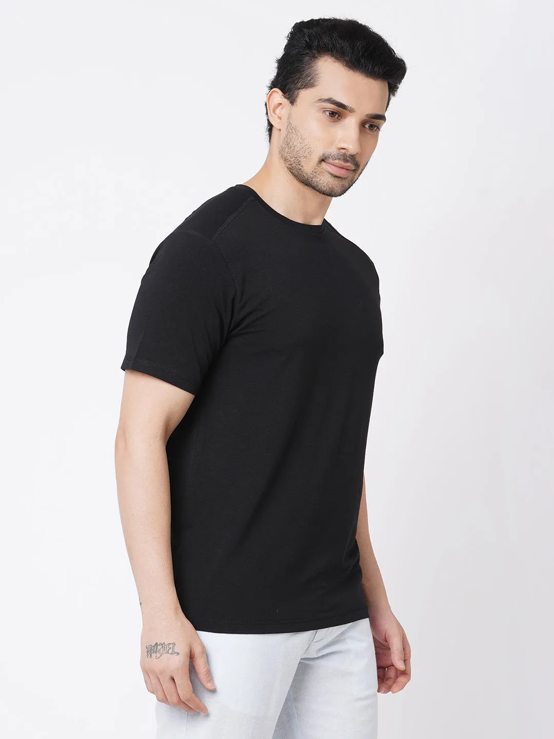 Men's Black Cotton Bamboo Elastane Regular Fit Tshirt